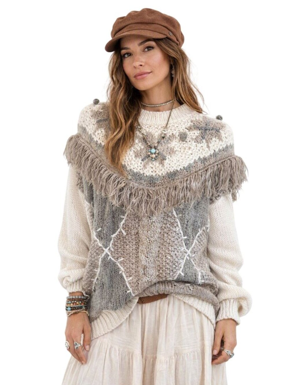 Vintage Huntington Ridge Y2K Hand-Knitted Fringe Sweater L Green/grey Patchwork